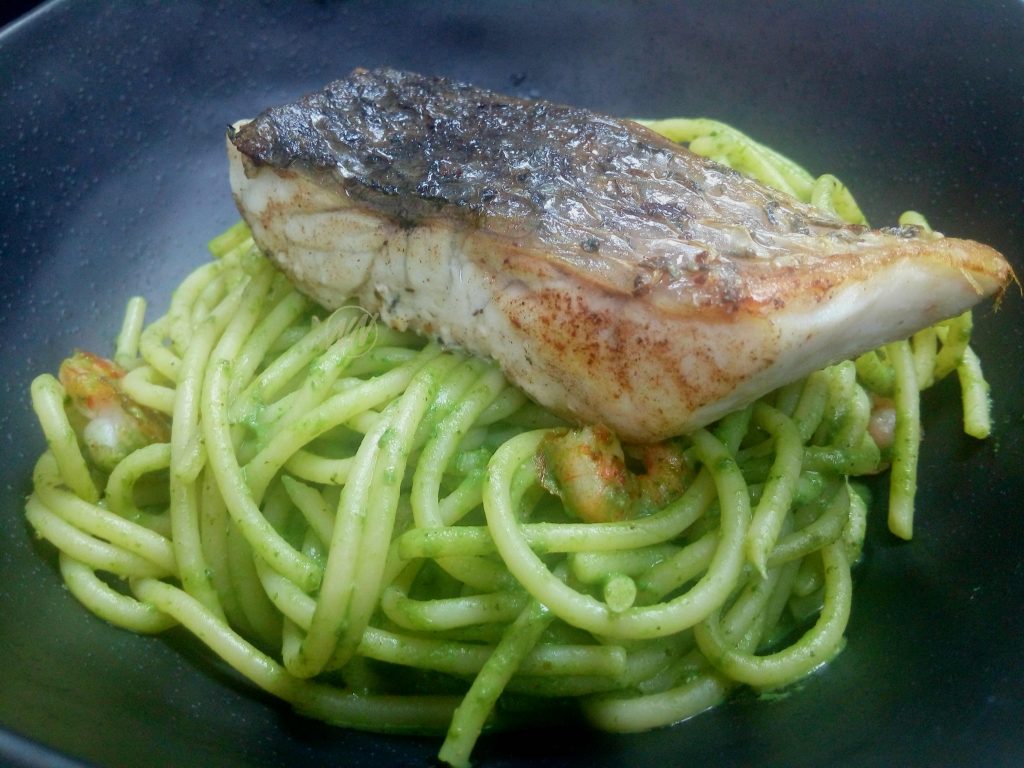 Spaghetti Sos Pesto dengan Seabass & Udang Grill RM15
