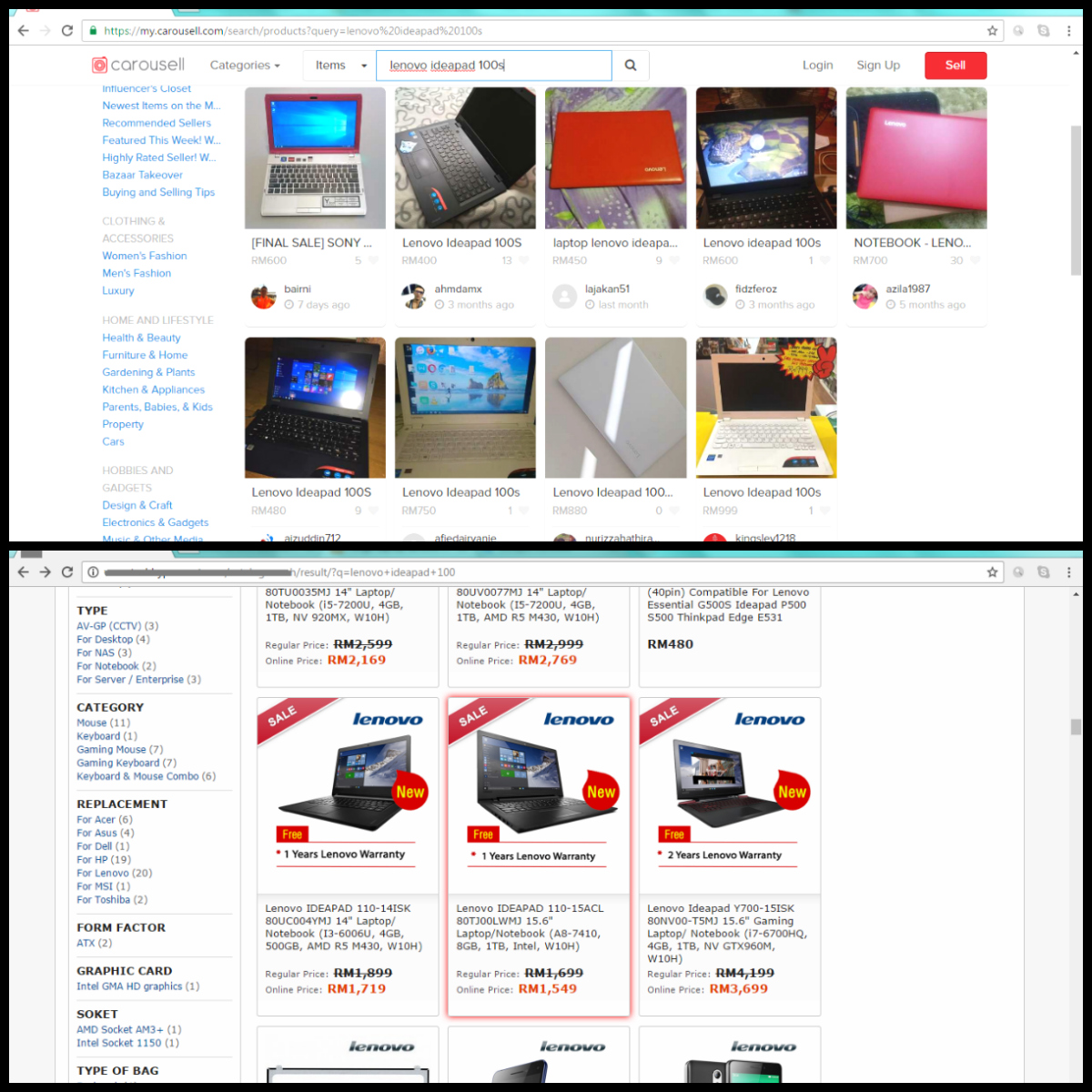 Perbandingan harga Carousell dan harga runcit