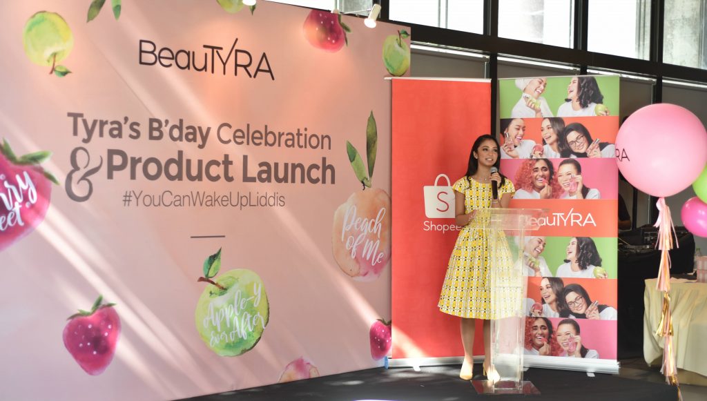 Tyra Kamaruzzaman, founder of BeauTyra, addressing the crowd at the BeauTyra Head-To-Toe-Mist launch held at the The Oak Hall, Damansara Perdana.
